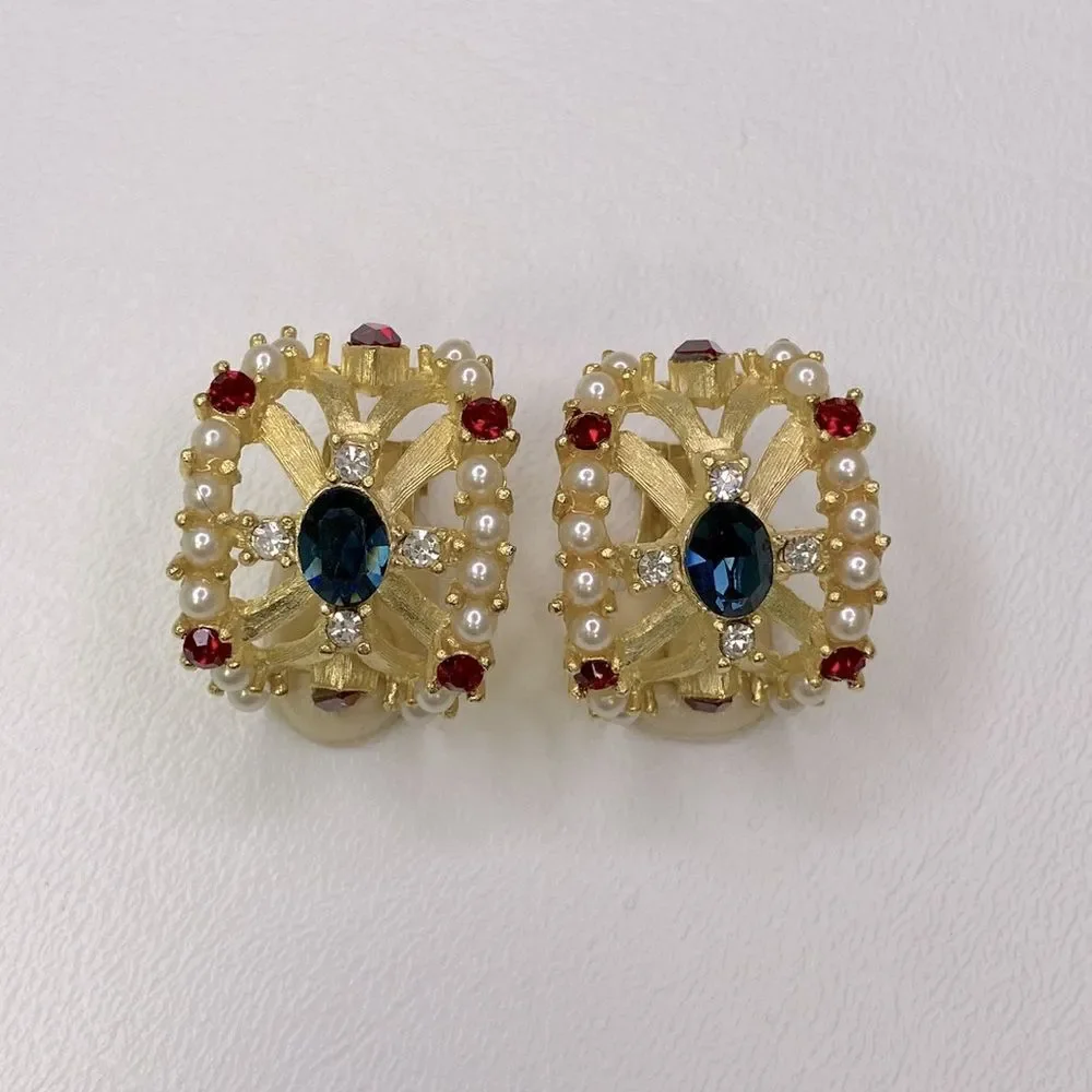Roxanne Assoulin Gold Tone Faux Pearl Red & Blue Rhinestone Clip On Earrings